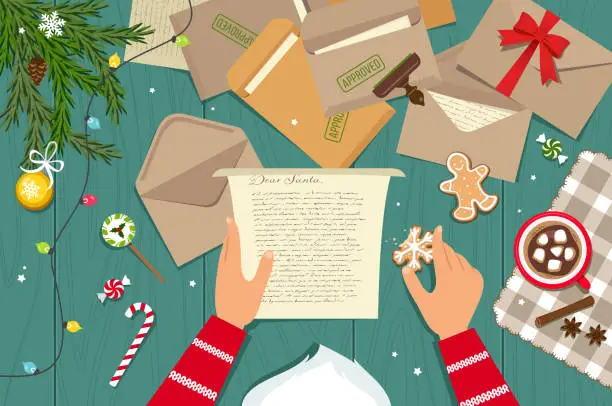 Vector illustration of Santa Claus reading his mail
