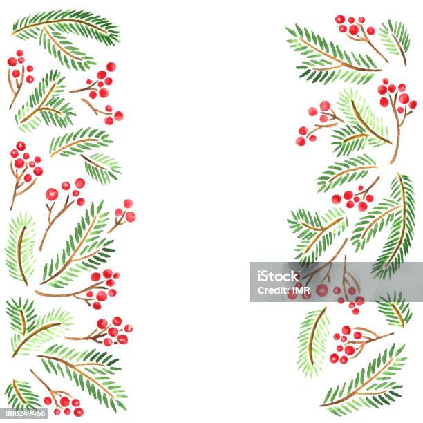 Aquarell Weihnachten Dekoration Vorlage Mit Tanne Baum Zweige Und Beeren Der Stechpalme Stock Vektor Art und mehr Bilder von Gedeihend