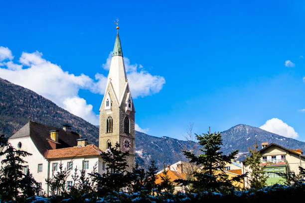 Downtown of Bressanone with the White Tower, in South Tyrol, Italy