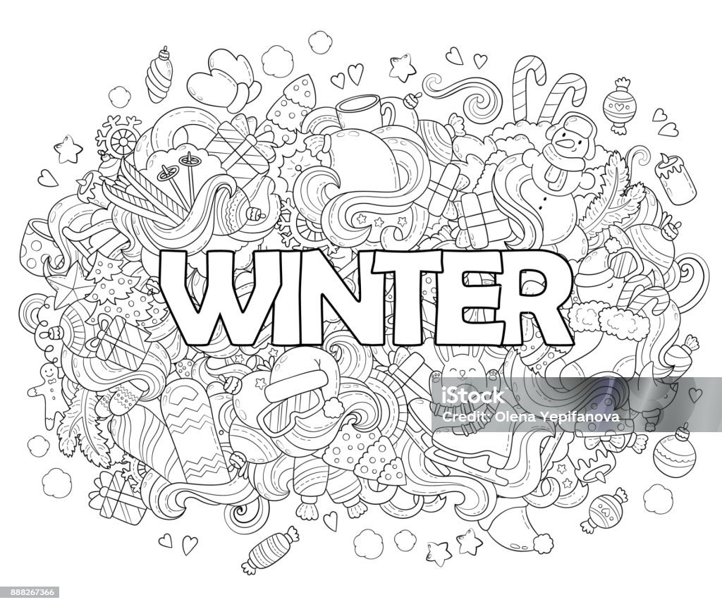 Doodle vector illustration, abstract background, texture, pattern, wallpaper, Collection of New Year Christmas elements and objects set. Adult anti stress coloring book page Doodle vector illustration, abstract background, texture, pattern, wallpaper, Collection of New Year Christmas elements and objects set. Winter stock vector