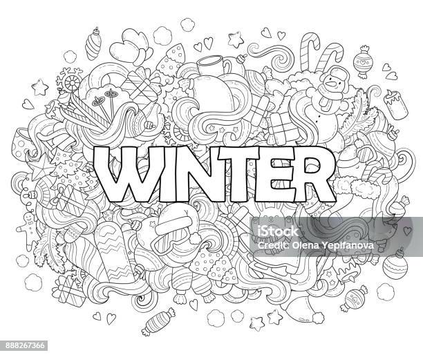 Doodle Vector Illustration Abstract Background Texture Pattern Wallpaper Collection Of New Year Christmas Elements And Objects Set Adult Anti Stress Coloring Book Page Stock Illustration - Download Image Now