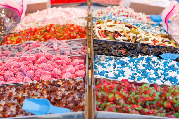 Selective focus, assorted soft sugar jelly sweet on display at Christmas market
