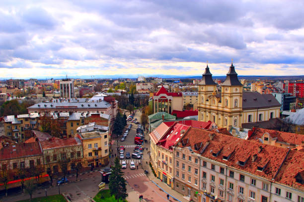 view to Ivano-Frankivsk from a bird's eye view with dark clouds up
