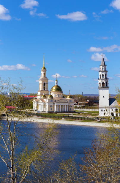 Nevyansky Leaning Tower and the Transfiguration Cathedral. Russia