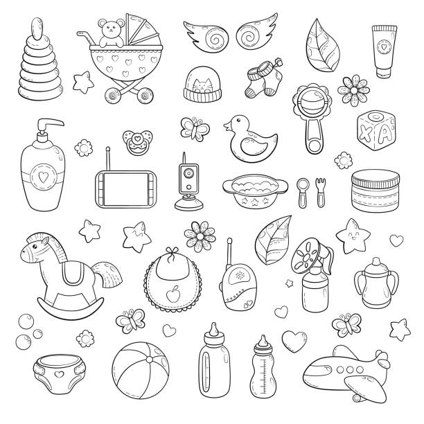 Background, texture, backdrop, pattern, wallpaper with children cartoon doodle toys. Educational games for kids illustration. Baby shower. Icons set. Newborn baby vector collection. baby care things Background, texture, backdrop, pattern wallpaper with children cartoon doodle toys duck with hat stock illustrations