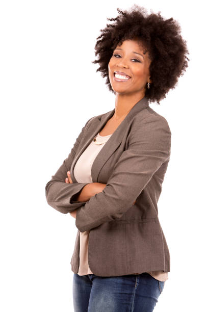 black casual woman on white background beautiful casual black woman wearing office wear on white isolated background black business woman stock pictures, royalty-free photos & images