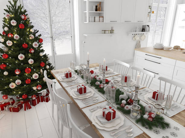 istock nordic kitchen with christmas decoration by day. 3d rendering 888303064