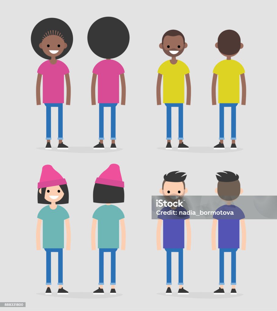 Set of four characters, front and back views. African american and caucasian males and females. Flat editable vector illustration, clip art People stock vector