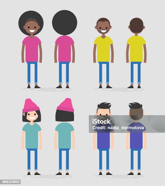 Set Of Four Characters Front And Back Views African American And Caucasian Males And Females Flat Editable Vector Illustration Clip Art Stock Illustration - Download Image Now