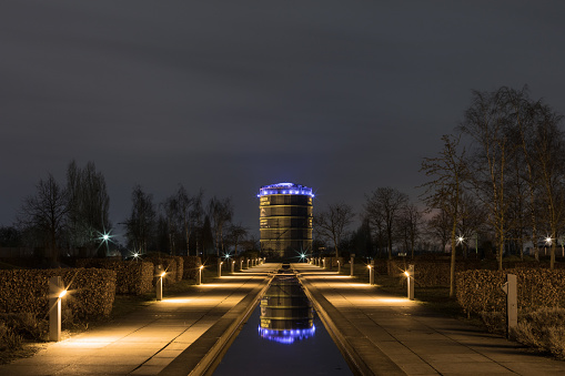 Oberhausen, NRW, Germany - February 21, 2017 At 7.30pm : Illuminated Gasometer From Olga Park