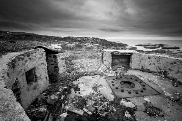 View on military bunker of ww2 on Barents sea shoreline