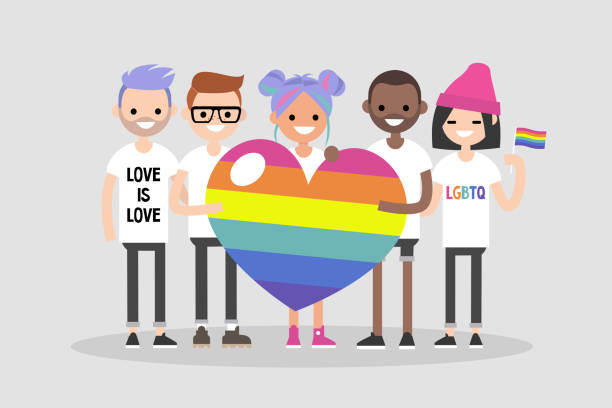 parada miłosna. grupa ludzi trzymających ogromne tęczowe serce. środowiska lgbt. praw człowieka. lgbtq. płaska edytowalna ilustracja wektorowa, obiekt clipart - hair clip obrazy stock illustrations