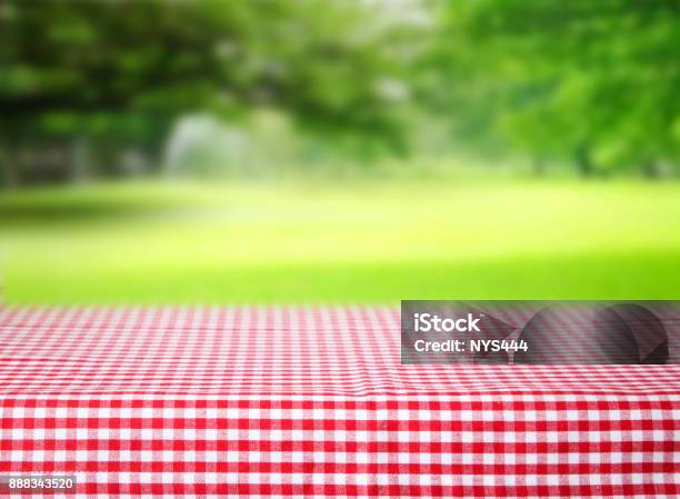 Checkered Red Tablecloth Emty Space Table Green Background Stock Photo - Download Image Now