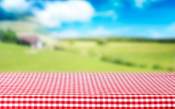 istock Red checkered tablecloth top view green nature blurred background. 888343860