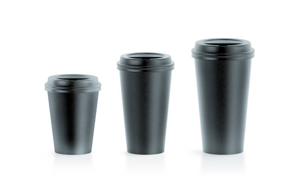 Blank black disposable paper cup mock ups with lids Blank black disposable paper cup mock ups with lids, large, medium and smal, 3d rendering. Empty polystyrene coffee drinking mug mockup front view. Clear plain tea take away plastic package billy bowlegs iii stock pictures, royalty-free photos & images