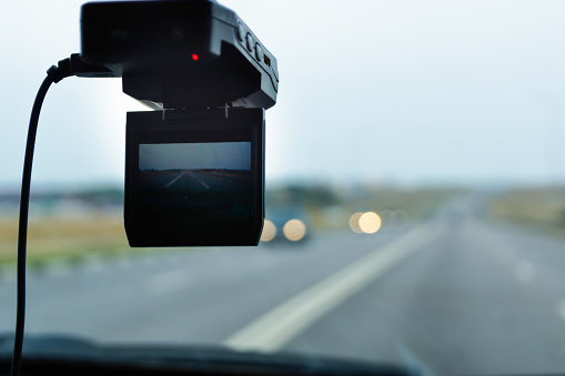 front camera car recorder. Car DVR on the windshield.
