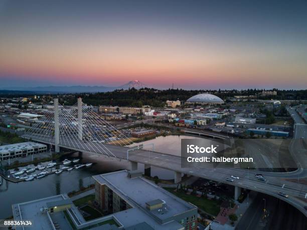 Tacoma At Sunset Aerial View Stock Photo - Download Image Now - Tacoma, Washington State, Urban Skyline