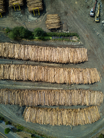 Aerial view of a sawmill in the town of Raymond, Washington.