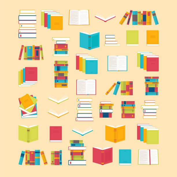 ilustrações de stock, clip art, desenhos animados e ícones de book icons set in flat style for your design. school books background. library, bookstore. education concept - copy book illustrations