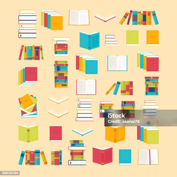 Book Icons Set In Flat Style For Your Design School Books Background Library Bookstore Education Concept Stock Illustration - Download Image Now