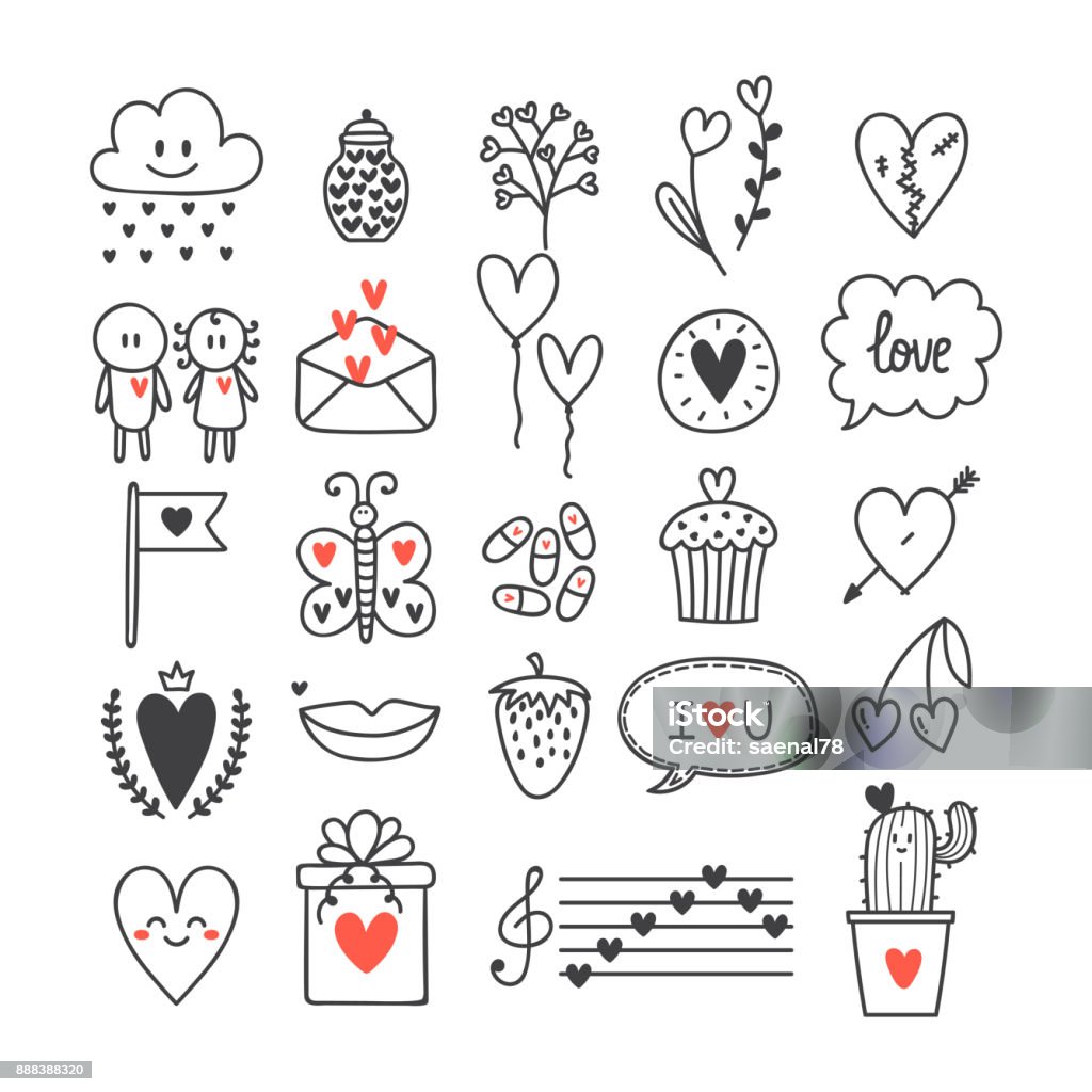 Love and hearts. Hand drawn set of cute doodle elements. Sketch collection for wedding or Valentine's Day design Love and hearts. Hand drawn set of cute doodle elements. Sketch collection for wedding or Valentine's Day design. Vector illustration Doodle stock vector