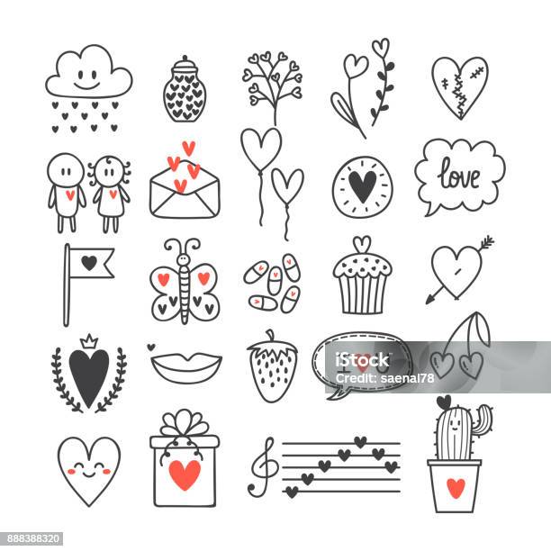 Love And Hearts Hand Drawn Set Of Cute Doodle Elements Sketch Collection For Wedding Or Valentines Day Design Stock Illustration - Download Image Now