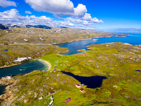 Aerial view on beautiful arctic summer landscape on Barents sea shoreline