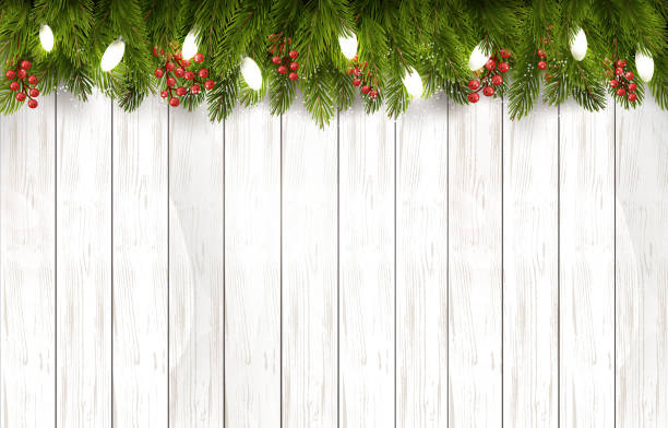 рождественское праздничное украшение с ветвями дерева на деревянной доске. - christmas tree christmas wood woods stock illustrations