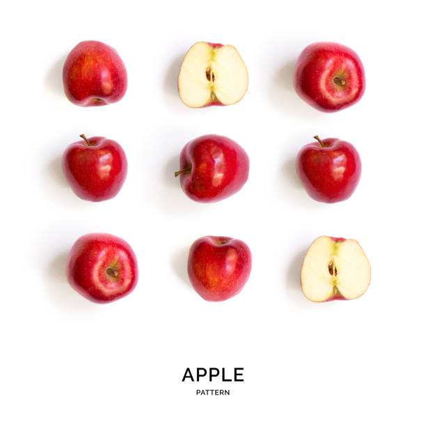 istock Seamless pattern with apples. Tropical abstract background. Red apple fruits on the white background. 888439760