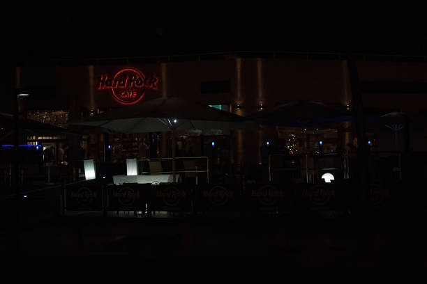 PALMA DE MALLORCA, BALEARIC ISLANDS, SPAIN - DECEMBER 5, 2017: Hard Rock Cafe with evening Christmas light decorations on December 5, 2017 in Palma de Mallorca, Balearic islands, Spain.