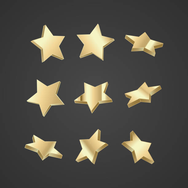 istock Set of golden, three-dimensional stars on dark background, vector illustration 888451514