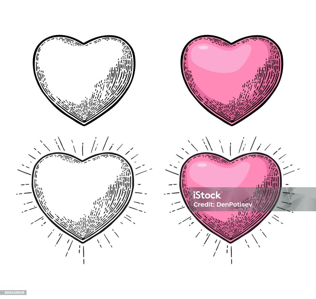 Heart with rays. Vector black vintage engraving illustration Heart with rays. Vector color and black vintage engraving illustration isolated on a white background. For web, poster, info graphic. Heart Shape stock vector