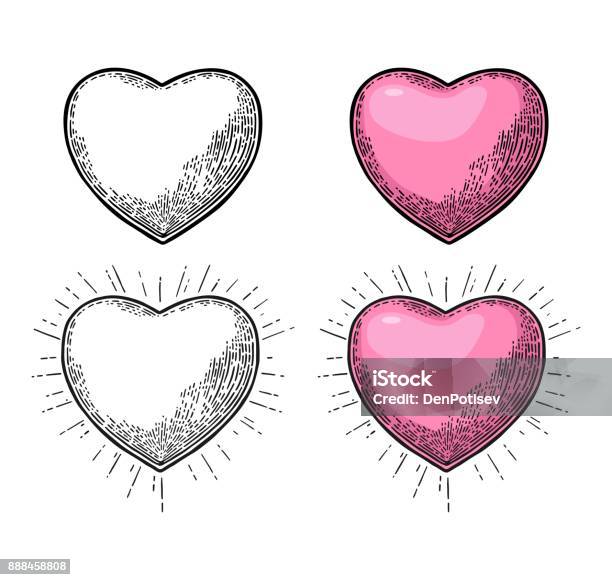 Heart With Rays Vector Black Vintage Engraving Illustration Stock Illustration - Download Image Now