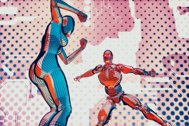 futuristico supereroe robot combattere in stile cartone animato - ultimate fighting foto e immagini stock