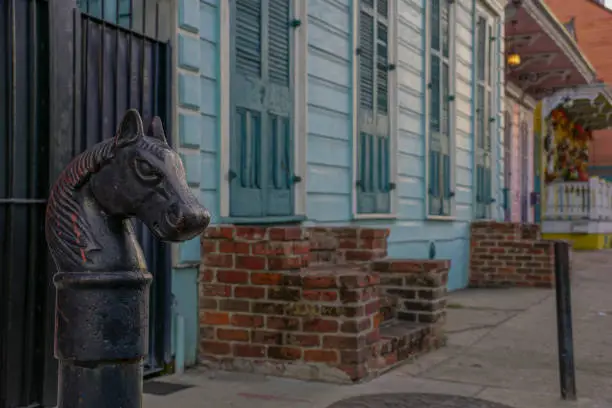 Horse-head hitching posts in the historic French Quarter of New Orleans, Louisiana.