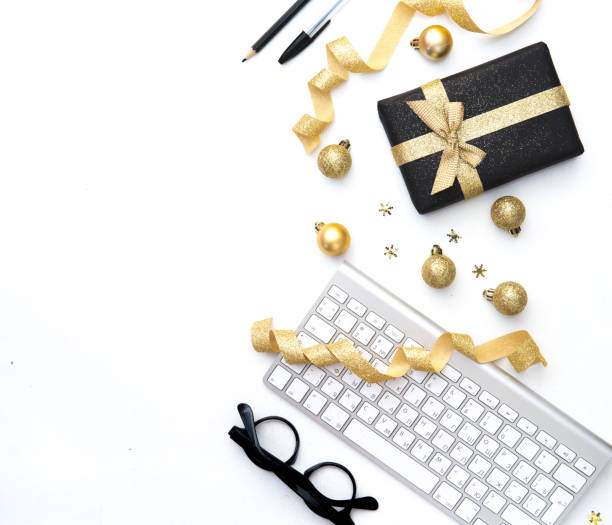 istock Christmas Gift and Keyboard with decorations. Home office desk. Flat lay Composition 888487062