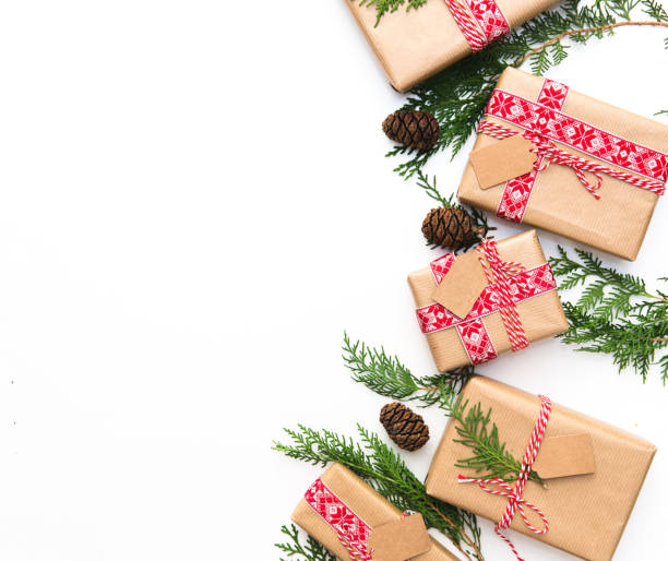 istock Christmas gift boxes with homemade wrapping ideas. Flat lay 888487228
