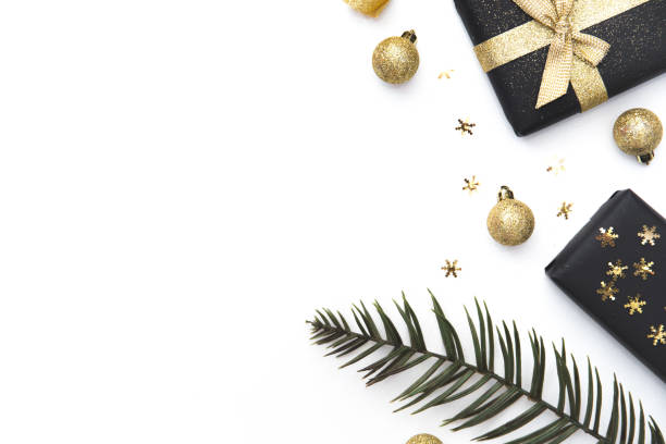 istock handmade Christmas present gift boxes isolated in white.  Creative Flat layout and top view composition 888487318
