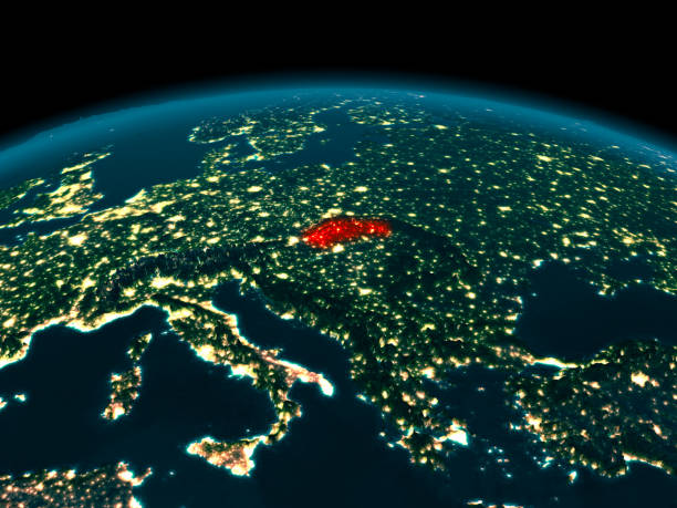 istock Orbit view of Slovakia at night 888503002
