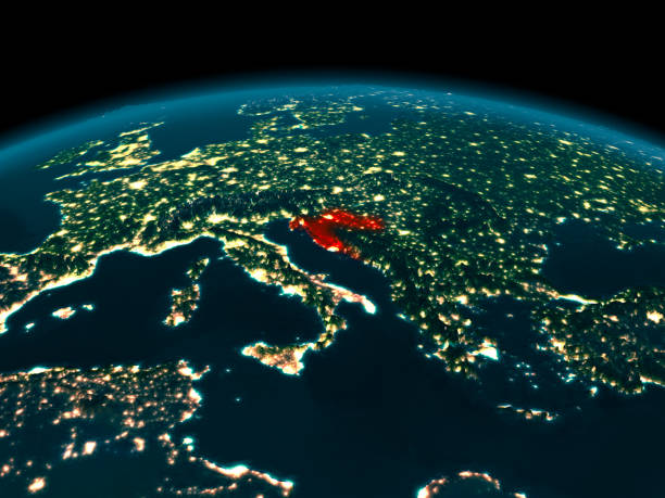 istock Orbit view of Croatia at night 888503006