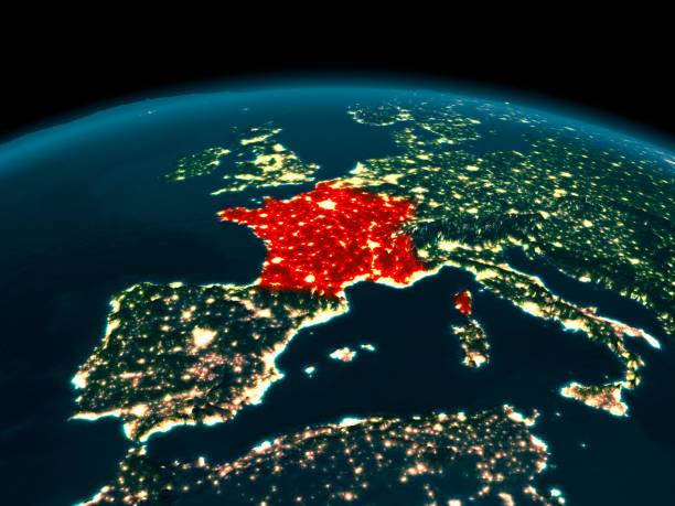 istock Orbit view of France at night 888503014