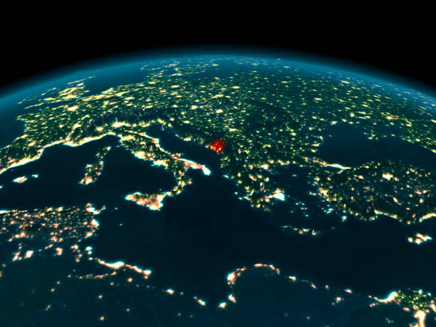 istock Orbit view of Montenegro at night 888503018