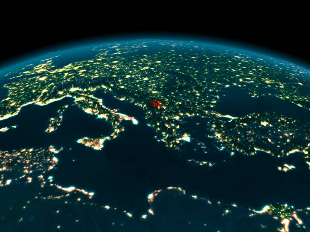 istock Orbit view of Kosovo at night 888503020