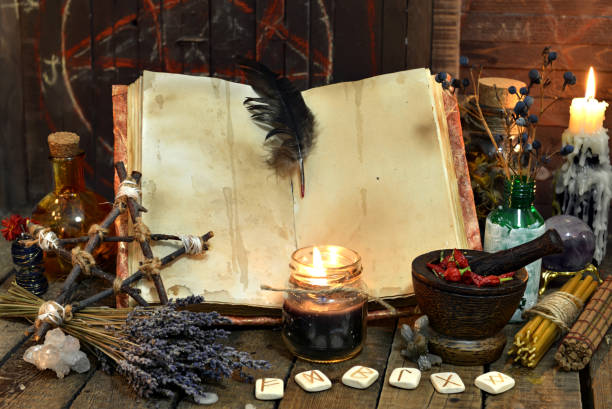 istock Old witch book with empty pages, lavender flowers, pentagram 888503158