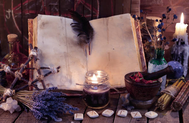 istock Witch book with pentagram, runes, magic objects and black candle 888503222