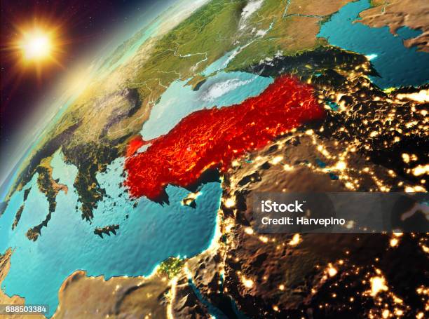 Turquía En El Planeta Tierra En Puesta Del Sol Foto de stock y más banco de imágenes de Turquía - Turquía, Mapa, Política