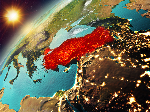 Illustration of Turkey as seen from Earthâs orbit during sunset. 3D illustration. Elements of this image furnished by NASA. 3D model of planet created and rendered in Cheetah3D software, 7 Dec 2017.