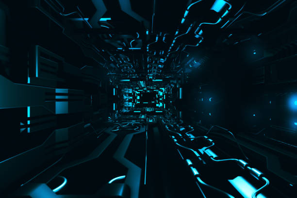 istock Fly inside of futuristic metallic corridor 3d rendering 888511886