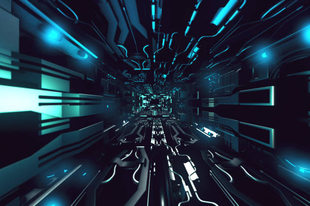 istock Fly inside of futuristic metallic corridor 3d rendering 888511894