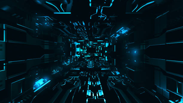 Fly inside of futuristic metallic corridor 3d rendering